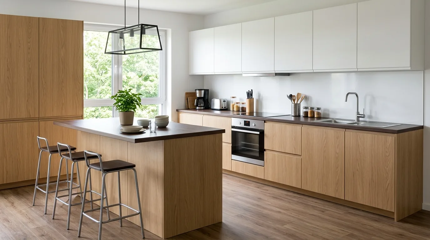 Minimal white DIY backsplash in a modern kitchen
